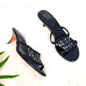 Pelle Moda Black Leather Beaded Kitten Heel Slides 7 y2k Club Special Occasion